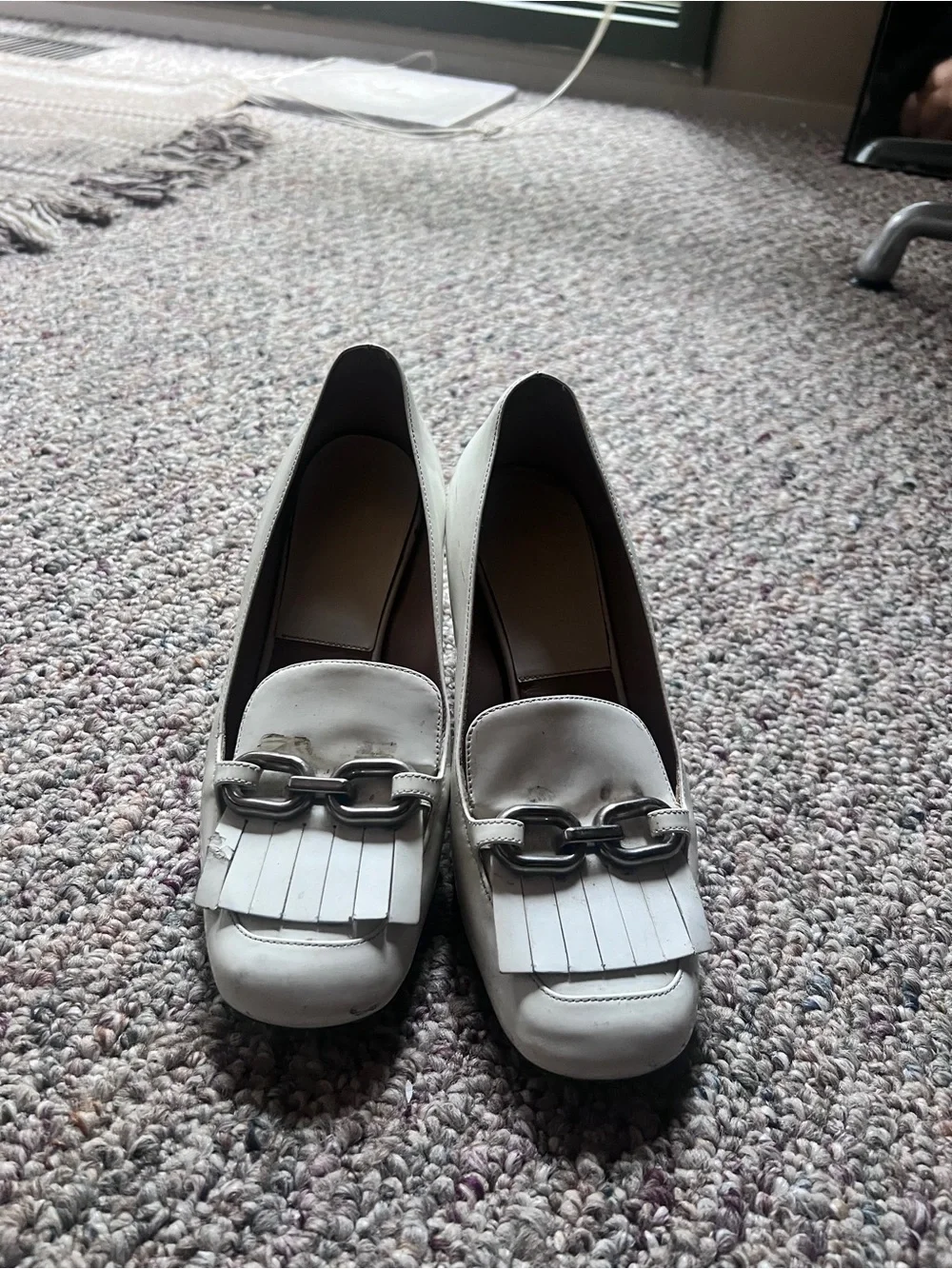White Block Heel Loafers with Silver Chain Accent